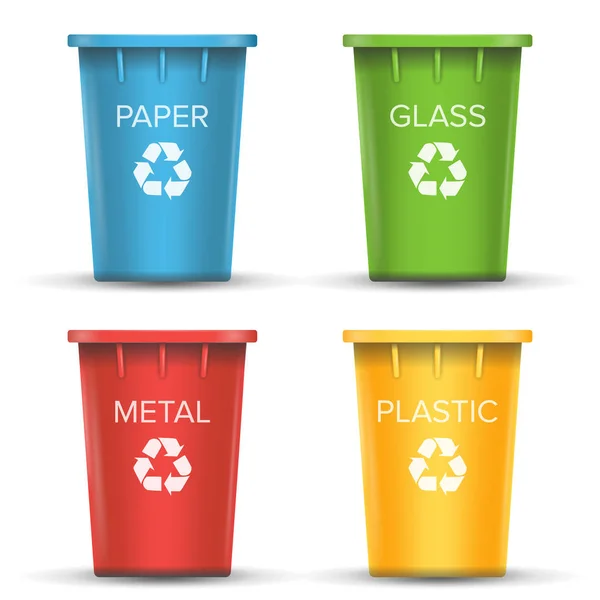 Vector de contenedores de reciclaje multicolor. 3D realista. Conjunto de cubos rojos, verdes, azules y amarillos. Para papel, vidrio, metal, clasificación de plástico. Aislado en blanco — Vector de stock