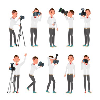 Profesyonel fotoğrafçı vektör. Erkek farklı teşkil etmektedir. Işıklar ve kameralar. Yaratıcı bir meslek. Bir meslek. Tripod ekipman. Düz çizgi film karakteri illüstrasyon izole