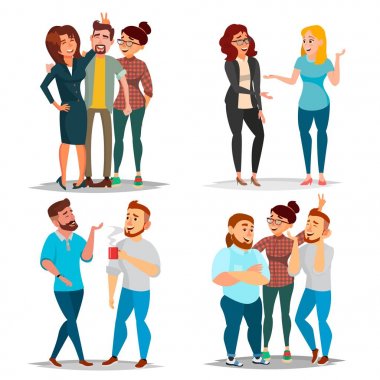 Arkadaşlar karakter vektör ayarlayın. Arkadaşlar, Office iş arkadaşları gülüyor. İş durumları. Adam ve kadın fotoğrafını çek. Dostluk kavramı. Düz çizgi film illüstrasyon izole