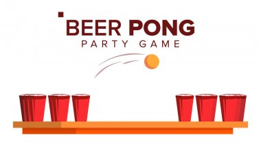 Bira Pong oyun vektör. Alkol parti oyunu. Kırmızı bardak ve Ping Pong topu. Düz illüstrasyon izole