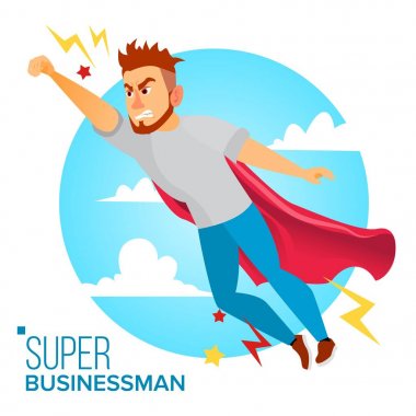 Süper işadamı karakter vektör. Kırmızı pelerin. Başarı için uçan iş adamı. Liderlik kavramı. Yaratıcı Modern iş süper kahraman. Düz çizgi film illüstrasyon izole