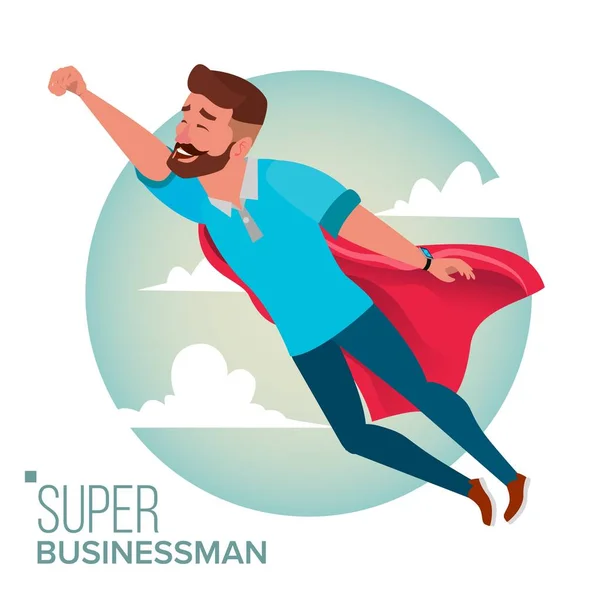 スーパー ビジネスマン文字ベクトル。空を飛んで成功したスーパー ヒーローの実業家。達成勝利概念。赤いケープを振っています。フラットの漫画イラストを分離 — ストックベクタ