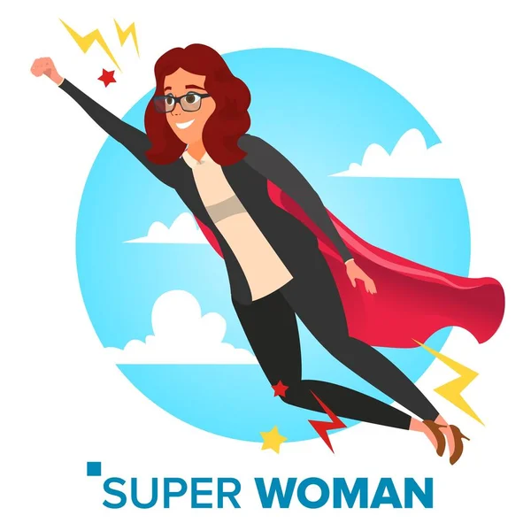 Super affärskvinna karaktär vektor. Uppnå seger koncept. Framgångsrik superhjälte Business Woman flyger i himlen. Vifta med röd Cape. Isolerad platta tecknad Illustration — Stock vektor