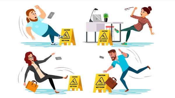 Cuidado Wet Floor Sign Vector. Pessoas deslizam no chão molhado. Situação no escritório. Sinal de perigo. Clean Wet Floor. Ilustração de Personagem de Desenhos Animados Planos Isolados —  Vetores de Stock