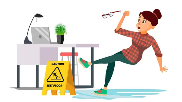 Woman Slips On Wet Floor Vector. Caution Sign. Isolated Flat Cartoon Character Illustration — Stock Vector