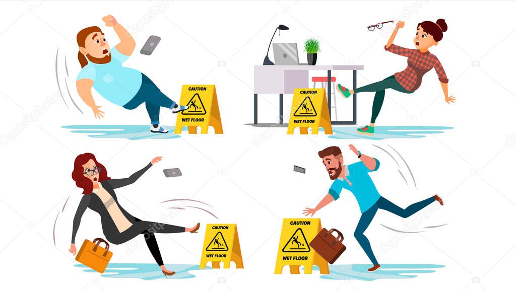 Caution Wet Floor Sign Vector. People Slips On Wet Floor. Situation In Office. Danger Sign. Clean Wet Floor. Isolated Flat Cartoon Character Illustration