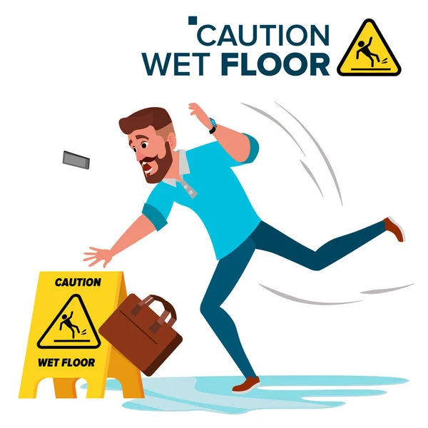 L'uomo scivola sul vettore del pavimento bagnato. Segnale di prudenza. Illustrazione del personaggio del cartone animato piatto isolato — Vettoriale Stock