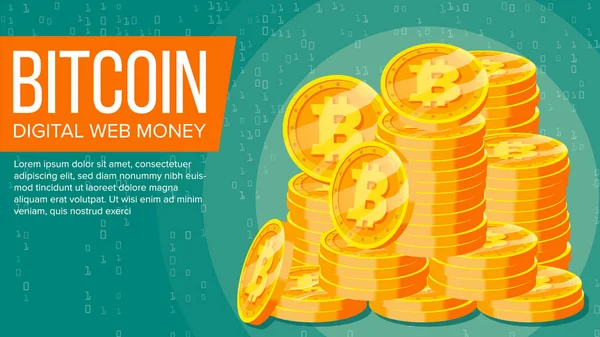 Bitcoin Banner vektor. Digitális Web pénz. Arany érme verem. Üzleti Crypto pénznem. Számítástechnika készpénz. Lapos illusztráció — Stock Vector