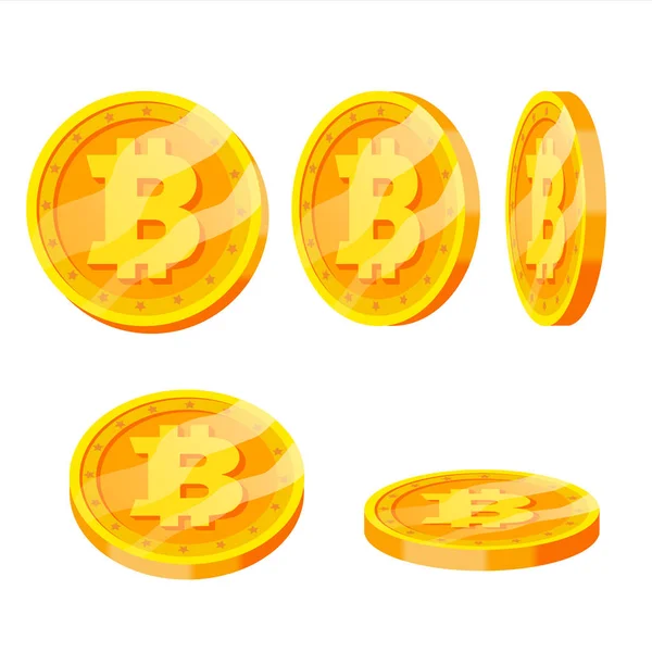 Bitcoin Gold Coins Vector Set. Перевернуть разные углы. Современные виртуальные деньги. Цифровая валюта. Изолированная плоская иллюстрация — стоковый вектор