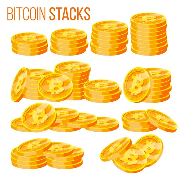 Bitcoin Stacks Set Vector. Криптовалюта. Виртуальные деньги. Изолированный плоский мультфильм — стоковый вектор