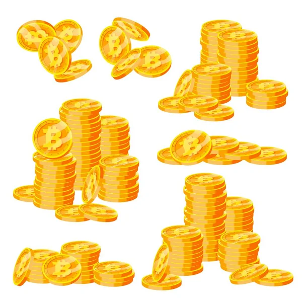 Bitcoin Stacks Set Vector. Criptomoeda. Dinheiro virtual. Pilha de moedas de ouro. Criptomoeda de negócios. Design de negociação. Ilustração plana isolada dos desenhos animados — Vetor de Stock