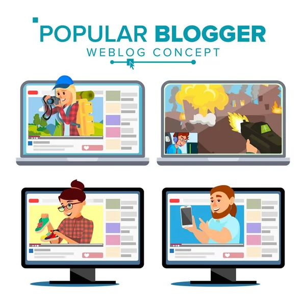 Video Streamer Set Vector. Canal pessoal do Weblog. Blogosfera Online. Videobloggers populares. Ilustração plana isolada dos desenhos animados — Vetor de Stock