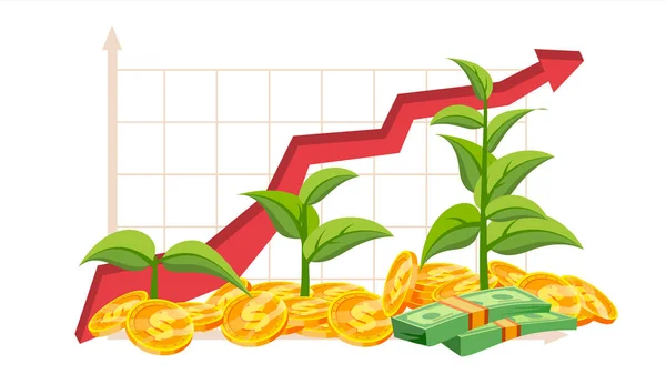 スタートアップの成長概念ベクトル。黄金のコインに成長する木。成長グラフ。成功の目的に達しています。緑の植物。投資分析。財務報告書。フラットの図を分離 — ストックベクタ
