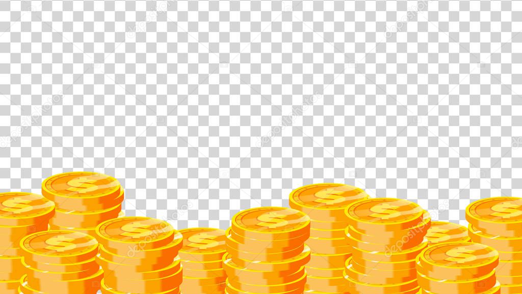 Coins Vector. Gold Dollar Coins. Finance Heap, Dollar Coin Pile. Golden Money. Isolated On Transparent Background Flat Illustration