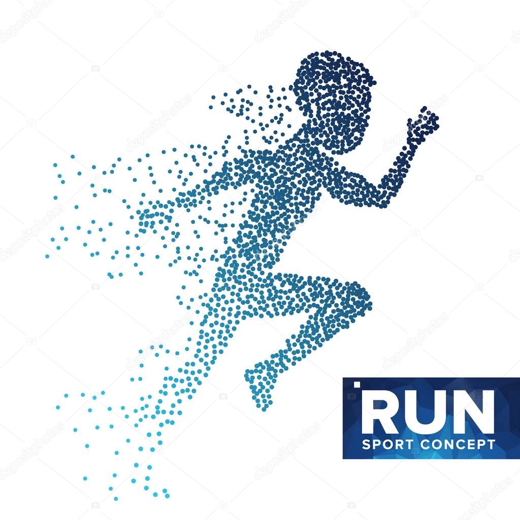 Running Man Silhouette Vector. Grunge Halftone Dots. Dynamic Athlete In Action. Flying Dotted Particles. Sport Banner, Game Competition. Isolated Abstract Lifestyle Illustration