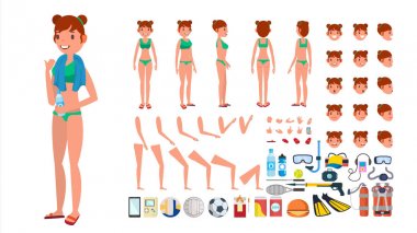 Woman In Swimsuit Vector. Animated Female Character In Swimming Bikini. Summer Beach Creation Set. Full Length, Front Side Back View. Poses, Face Emotions, Gestures. Isolated Flat Cartoon Illustration clipart