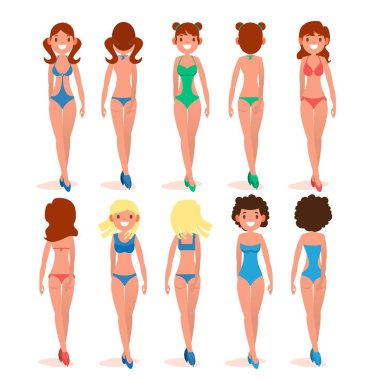 Kadınlar s mayo vektör ayarlayın. Güzel kızların mayolu farklı türlerde. Çeşitli türleri. Moda Bikini koleksiyonu. Düz illüstrasyon izole