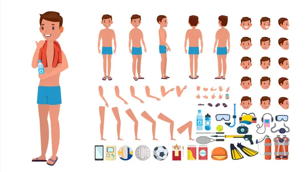 Homme en maillot de bain vecteur. Personnage masculin animé dans les maillots de bain. Summer Beach Creation Set. Longueur totale, Avant, Côté, Vue de l'arrière. Poses, émotions du visage, gestes. Illustration de dessin animé plat isolé — Image vectorielle