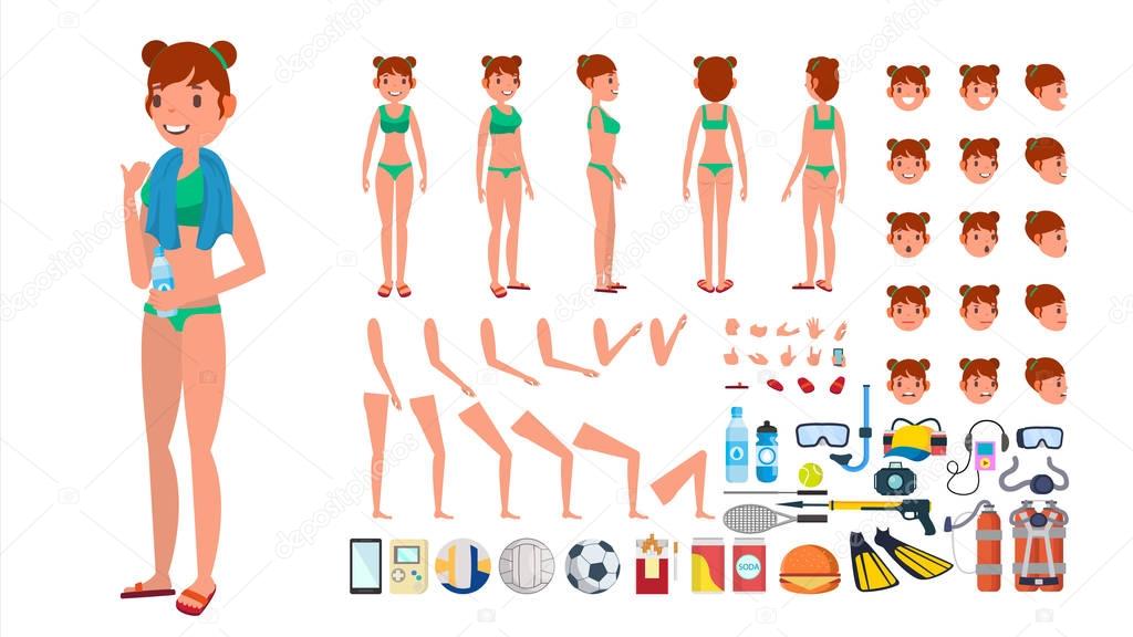 Woman In Swimsuit Vector. Animated Female Character In Swimming Bikini. Summer Beach Creation Set. Full Length, Front Side Back View. Poses, Face Emotions, Gestures. Isolated Flat Cartoon Illustration