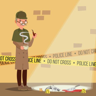 Suç mahalli vektör. Dedektif olay yerinde. Düz çizgi film illüstrasyon