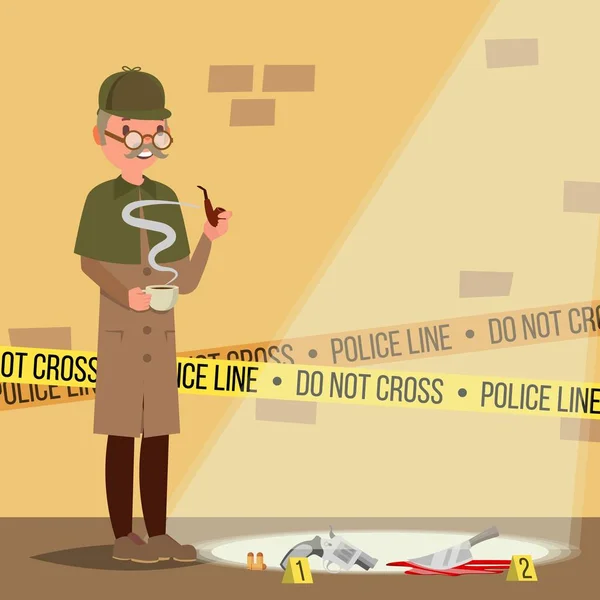 Tatortvektor. Kriminalbeamte am Tatort. Flache Cartoon-Illustration — Stockvektor