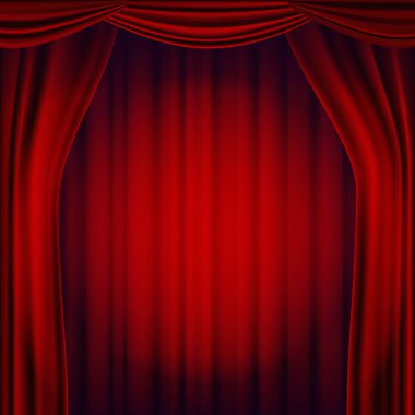 Kırmızı tiyatro perdesi vektör. Tiyatro, Opera veya sinema sahne. Gerçekçi illüstrasyon