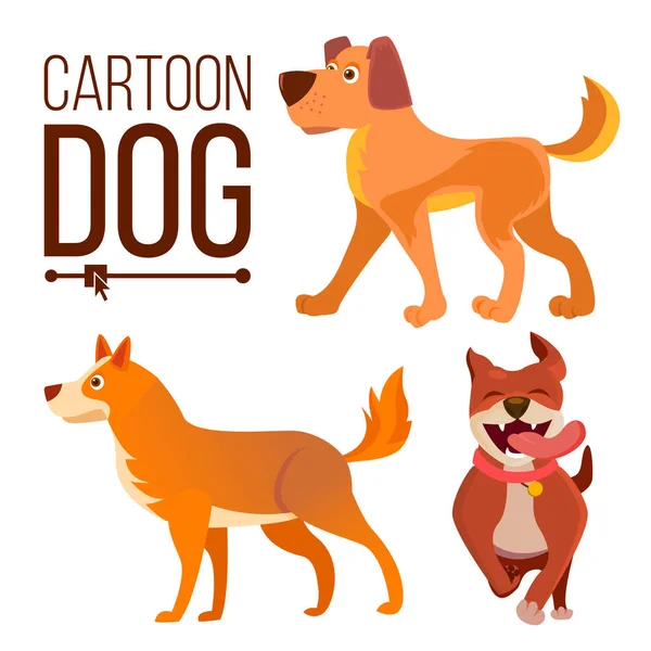 卡通狗集矢量。有趣的小狗野兽。快乐的宠物. 平面隔离插图 — 图库矢量图片