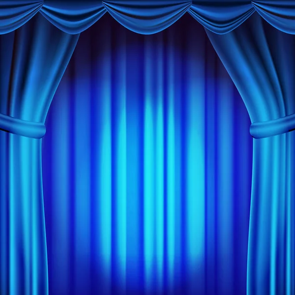 Blue Theater Curtain Vector. Theater, Opera Or Cinema Scene. Empty Silk Stage, Blue Scene. Realistic Illustration — Stock Vector