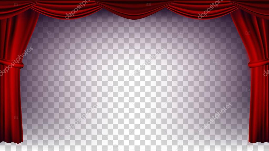 Red Theater Curtain Vector. Transparent Background. Poster For Concert, Theater, Opera Or Cinema Empty Silk Stage, Red Scene. Realistic Illustration