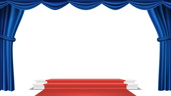 Podium Under Blue Theater Curtain Vector. Premio Ceremonia. Presentación. Pedestal para ganadores. Ilustración aislada — Vector de stock