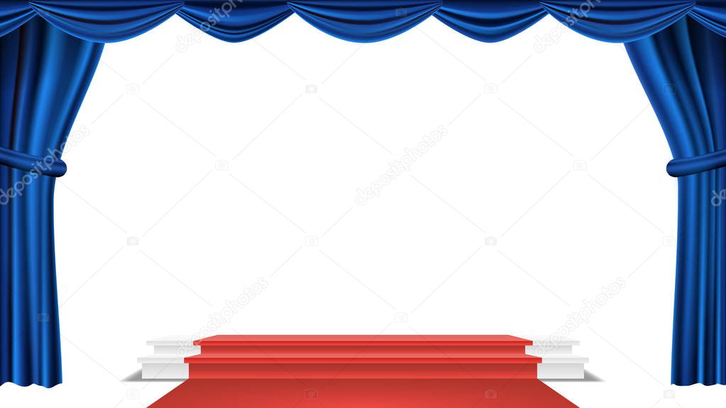 Podium Under Blue Theater Curtain Vector. Ceremony Award. Presentation. Pedestal For Winners. Isolated Illustration