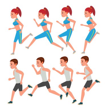 Erkek ve dişi vektör çalıştıran. Animasyon kare kümesi. Spor atlet Fitness karakter. Maraton yol yarışı koşucusu. Kadın yan görünüm. Spor giyim. Çift, egzersiz koşu. Düz illüstrasyon izole