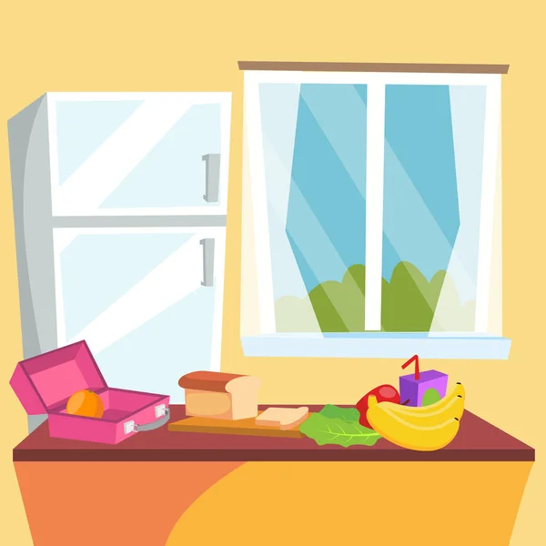 Keittiön piirrosvektori. Klassinen kotiruokailuhuone. Keittiön sisustus. Ruokapöytä, hedelmät, jääkaappi. Tasainen kuva — vektorikuva