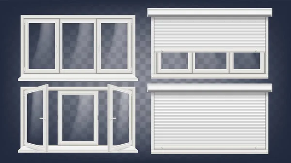 Kunststoff-PVC-Fenstervektor. Rollo. geöffnet und geschlossen. Frontansicht. Home-Fenster-Design-Element. isoliert auf transparentem Hintergrund realistische Darstellung — Stockvektor