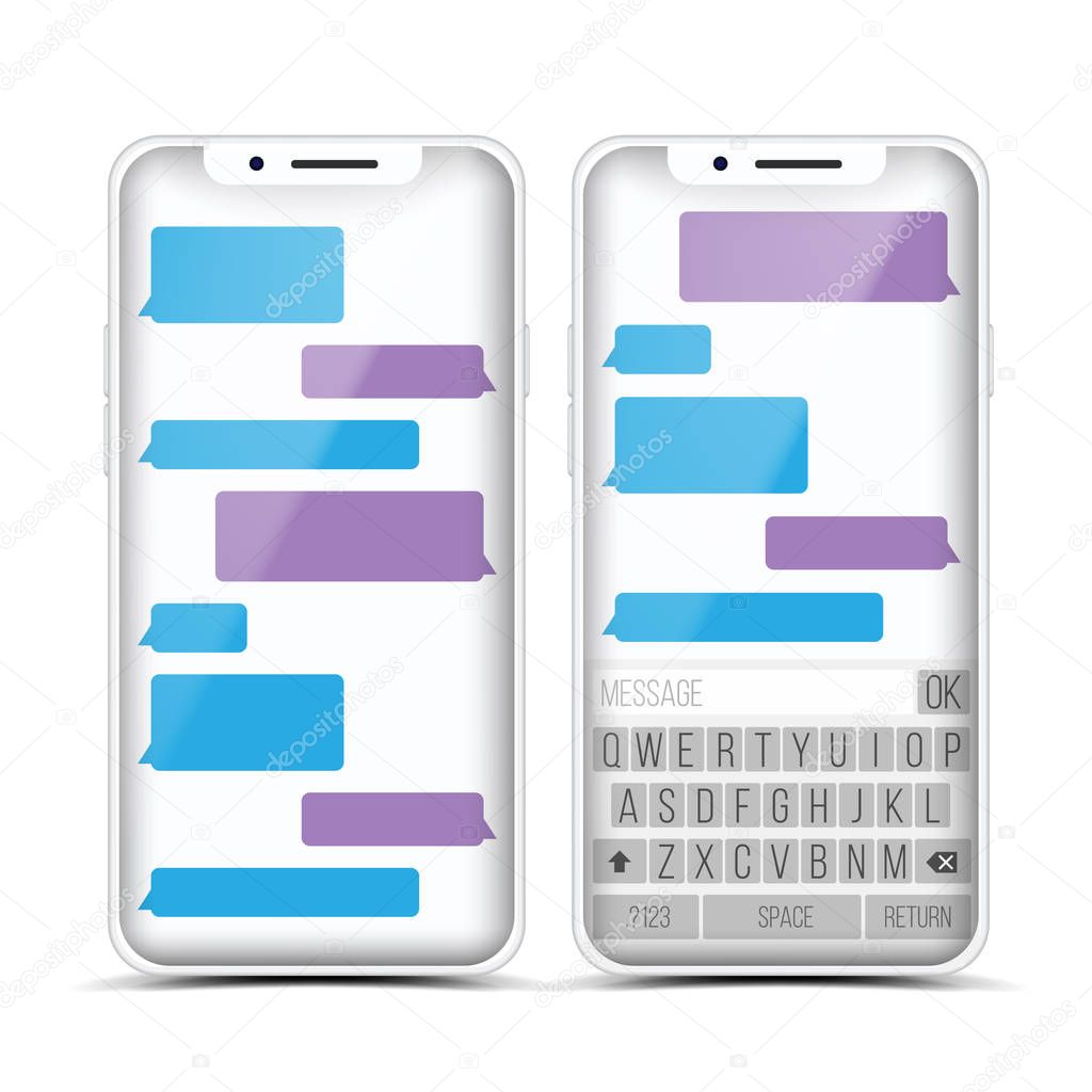 Messenger Vector. Speech Bubbles. Phone Chat Interface. Realistic Smartphone. Communication Concept. Isolated Illustration