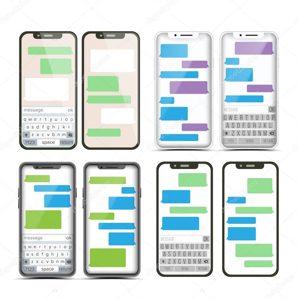 Mobile Screen Messaging Set Vector. Chat Bot Bubbles. Mobile App Messenger Interface. Communication Concept. Smartphone With Chat On Screen. Text Boxes. Notification Icons. Illustration