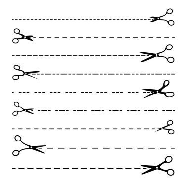 Makas çizgi vektör. Noktalı kesme satırları ayarlayın. Siyah kenar siluetleri. Kenarlık kesilmiş. Kesme şablonu. Beyaz düz illüstrasyon izole