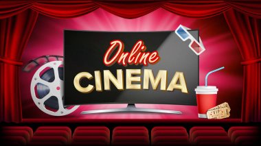 Online sinema vektör. Bilgisayar monitörü ile banner. Kırmızı perde. Tiyatro, 3d gözlük, Film şeridi Sinematografi. Online Film afiş, Poster. İllüstrasyon