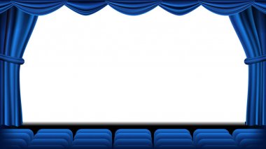 Auditorium vektör yer almaktadır. Mavi perde. Tiyatro, sinema ekran ve koltuk. Sahne ve sandalyeler. Mavi perde. Tiyatro. Gerçekçi illüstrasyon.