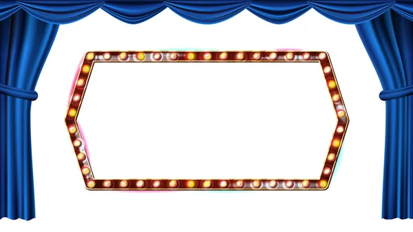 Gold Frame Lâmpadas Vector. Isolado em fundo branco. Cortina de Teatro Azul. Têxtil de seda. Bandeira de luz retro brilhante. Ilustração retrô realista — Vetor de Stock