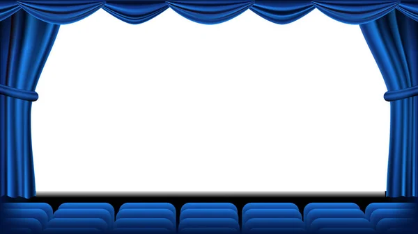 Auditorium avec vecteur de siège. Rideau bleu. Théâtre, cinéma, écran et sièges. Scène et chaises. Rideau bleu. Théâtre. Illustration réaliste . — Image vectorielle