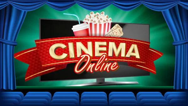 Online Cinema Banner Vector. Monitor informático realista. Diseño de Folleto de Película. Banner de plantilla para el estreno de la película, Mostrar. Cortina azul. El teatro. Ilustración de póster de lujo de marketing . — Vector de stock