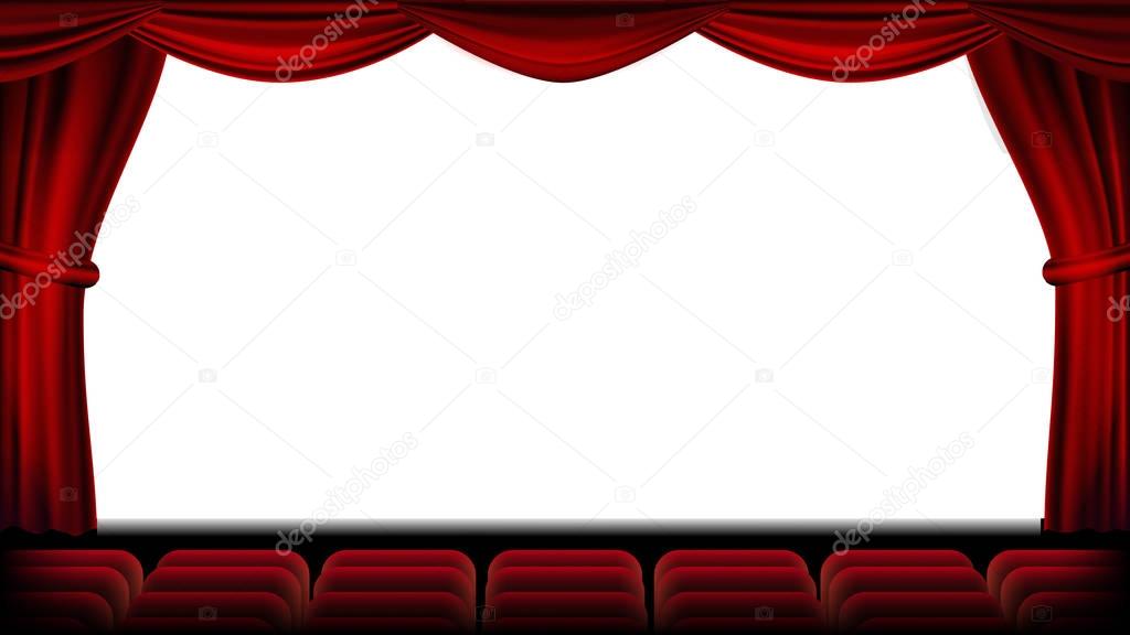 Auditorium With Seating Vector. Red Curtain. Theater, Cinema Screen And Seats. Stage And Chairs. Realistic Illustration