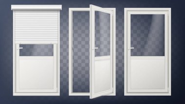 Plastik cam kapı vektör. Beyaz Panjur. Açık ve kapalı. Çekim kadar rulo. Saydam arka plan illüstrasyon izole