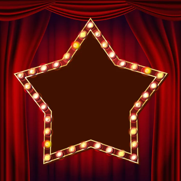 Retro Star Billboard Vector. Teater Merah Tirai. Shining Light Sign Board. 3D Electric Glowing Star Element. Vintage Golden Illuminated Neon Light. Karnaval, sirkus, gaya kasino. Ilustrasi - Stok Vektor