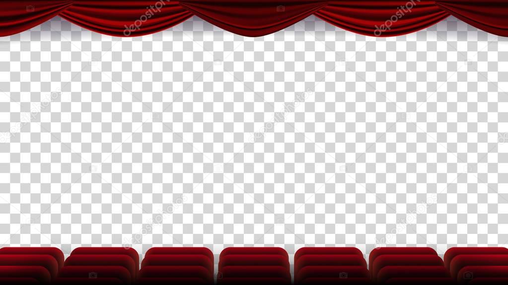 Cinema Chairs Vector. Film, Movie, Theater, Auditorium With Red Seat, Row Of Chairs. Blank Screen. Isolated On Transparent Background Illustration