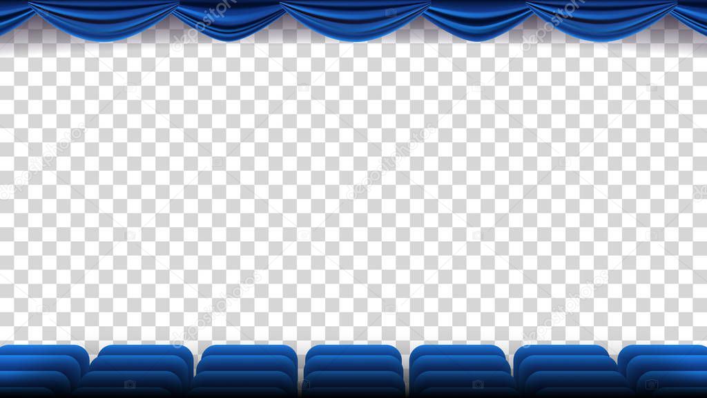 Cinema Chairs Vector. Film, Movie, Theater, Auditorium With Blue Seat, Chairs. Premiere Event Template. Super Show. Isolated On Transparent Background Illustration