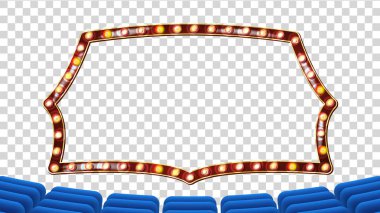 Vektör hafif çerçeve mavi tiyatro perdesi. Mavi arka plan ve ampulleri çerçeve. Gerçekçi sinema Retro tasarım kurulu. Kayan yazı Banner. Metin için yer. İllüstrasyon