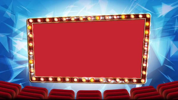 Retro Cinema Banner Vector. Gloeilampen. Red Theater gordijn. Zijde textiel. Shining Retro licht Banner. Realistische Retro afbeelding — Stockvector