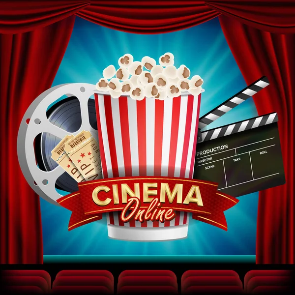 Online-Banner für Kinobanner. Realistisch. Thema Filmindustrie. Popcorn-Schachtel, Elemente des Kinos. Theatervorhang auf. Illustration — Stockvektor